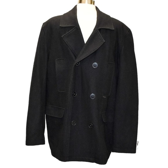 NWT Guess Black Wool-blend Double-breasted Front Pockets Pea Coat Size XL - Picture 2 of 13